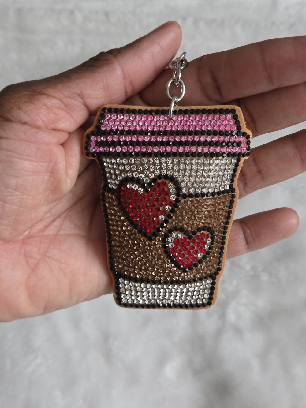 Coffee Cup Rhinestone Keychain Charm - Pink & Brown Bag Charm - Picture 3 of 3